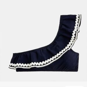 J. Crew Navy Ric Rac One Shoulder Ruffle Bikini Top In Pique